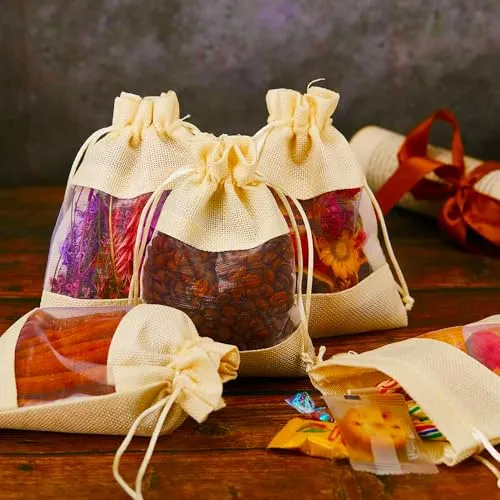 4 x 6 Inches : Jute Potli window bags, Drawstring Bags, Clear Open Window Jute Fabric Drawstring Gift Bags,Candy Jewelry Gift Pouches for Party Favors - Pack of 4