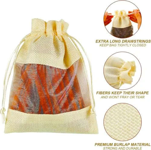 4 x 6 Inches : Jute Potli window bags, Drawstring Bags, Clear Open Window Jute Fabric Drawstring Gift Bags,Candy Jewelry Gift Pouches for Party Favors - Pack of 4