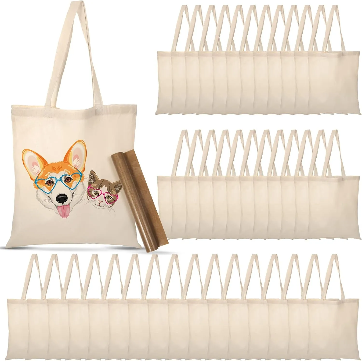 40 Pcs Canvas Tote Bags Bulk Sublimation Blank Natural Cotton Tote Reusable Grocery Cloth Large Shopping Bags and PTFE Sheet for Iron on Heat Transfer DIY Craft Gift, White