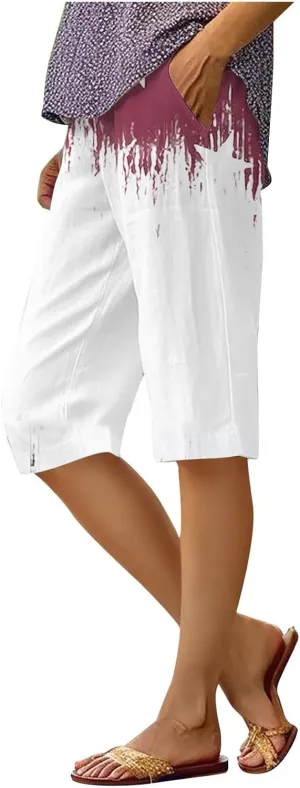4th of July Linen Pants Women 2025 Summer Patriotic Cotton Linen Capri Shorts Lightweight American Flag Short Pants