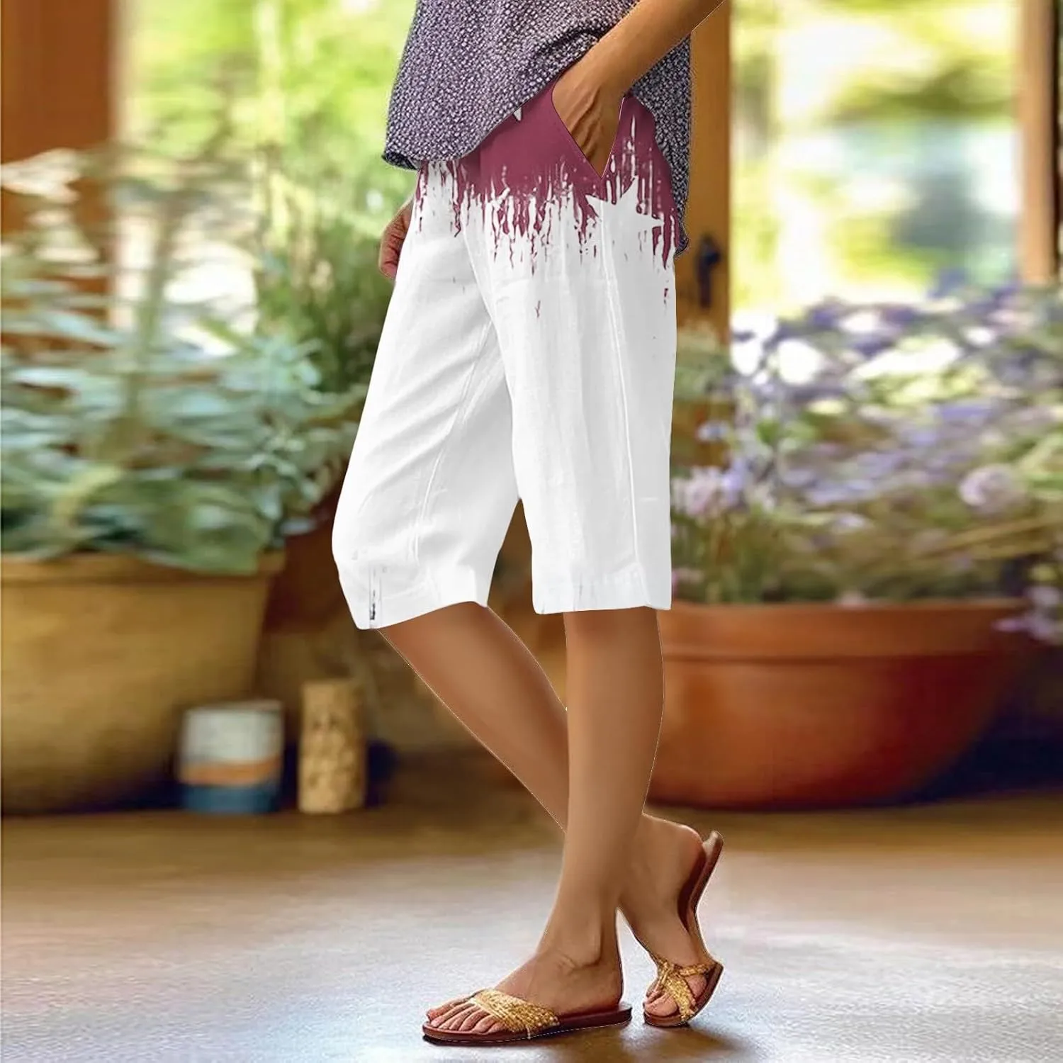 4th of July Linen Pants Women 2025 Summer Patriotic Cotton Linen Capri Shorts Lightweight American Flag Short Pants
