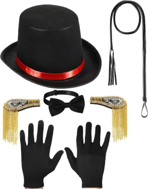 5 Pcs Adult Ringmaster Costume Accessories Circus Hat Shoulder Epaulettes Glove Bow Tie Whip for Halloween Cosplay