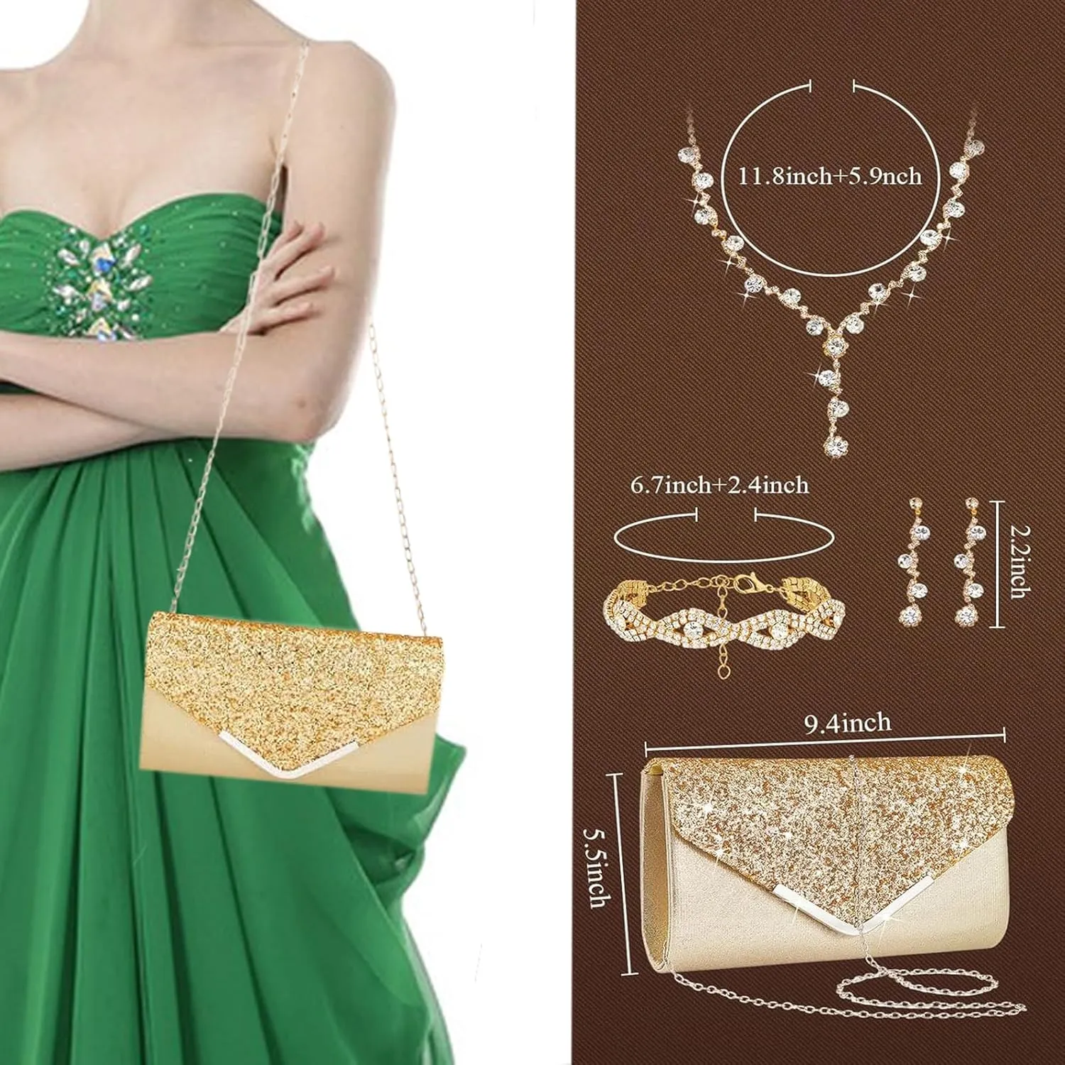 5 Pcs Purse Rhinestone Jewelry Set, RhinestoneClutch Purse Bride Prom Evening Rhinestone Jewelry Set Bling Necklace Earrings Bracelets Set for Wedding, Gold/Silver