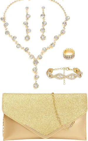 5 Pcs Purse Rhinestone Jewelry Set, RhinestoneClutch Purse Bride Prom Evening Rhinestone Jewelry Set Bling Necklace Earrings Bracelets Set for Wedding, Gold/Silver