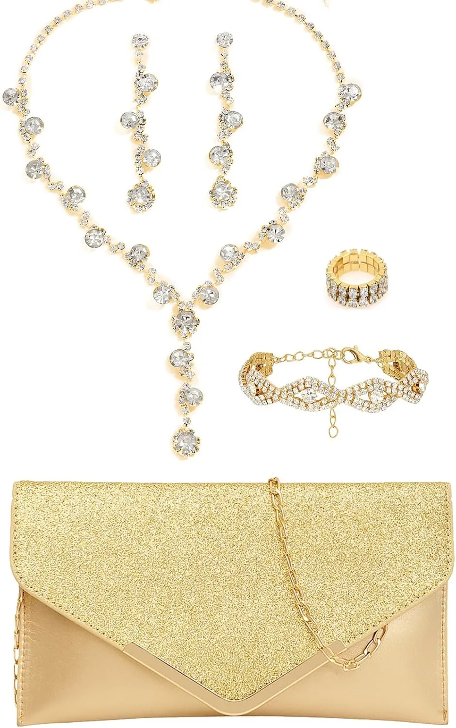 5 Pcs Purse Rhinestone Jewelry Set, RhinestoneClutch Purse Bride Prom Evening Rhinestone Jewelry Set Bling Necklace Earrings Bracelets Set for Wedding, Gold/Silver