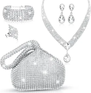 5 Pcs Silver Clutch Purses for Women Evening Rhinestone Jewelry Set Bling Clutch Purse Bag Rhinestone Necklace Ring Bracelet Earring for Women Party Wedding Bride Jewelry (Triangle Style)