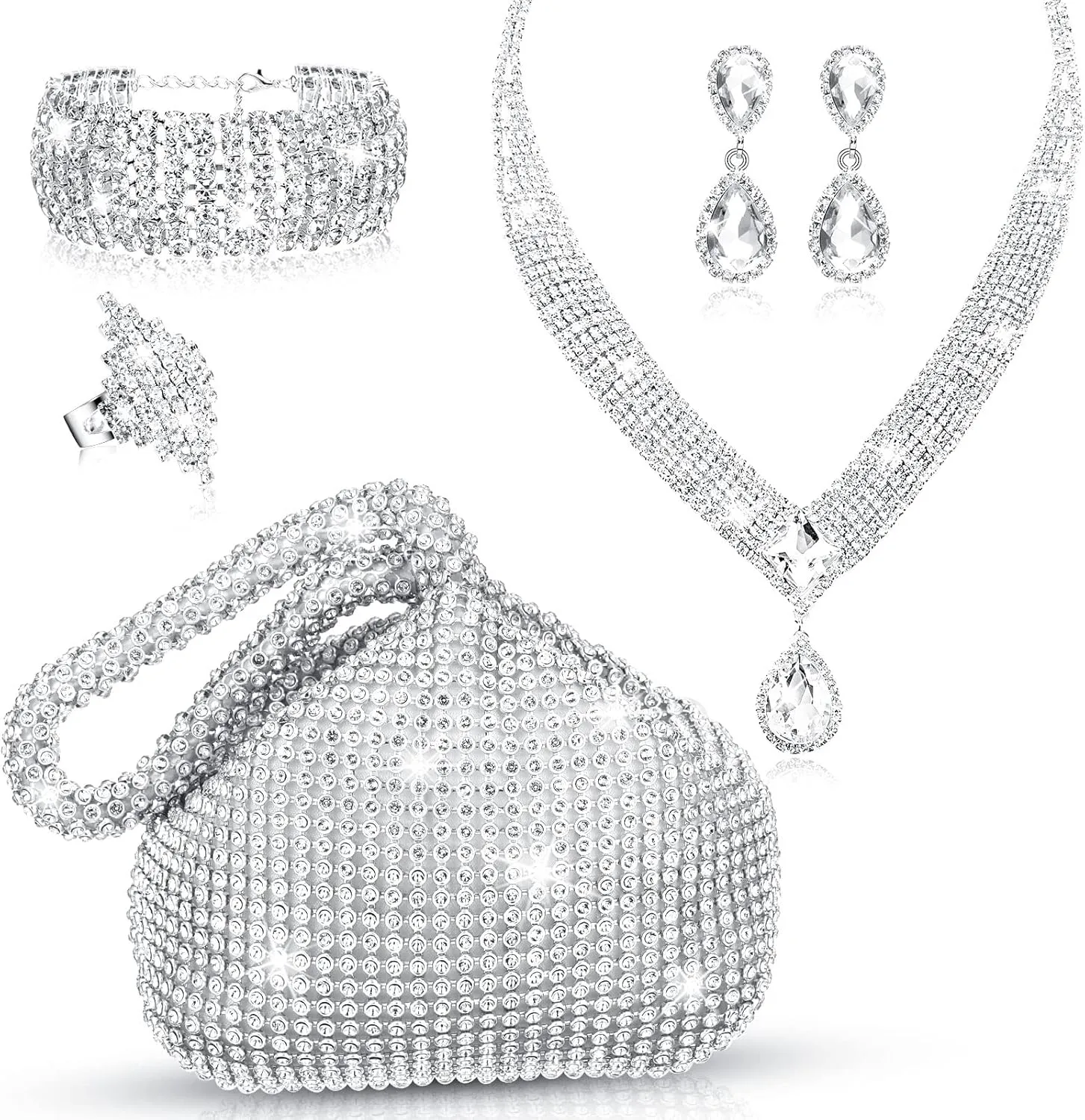 5 Pcs Silver Clutch Purses for Women Evening Rhinestone Jewelry Set Bling Clutch Purse Bag Rhinestone Necklace Ring Bracelet Earring for Women Party Wedding Bride Jewelry (Triangle Style)
