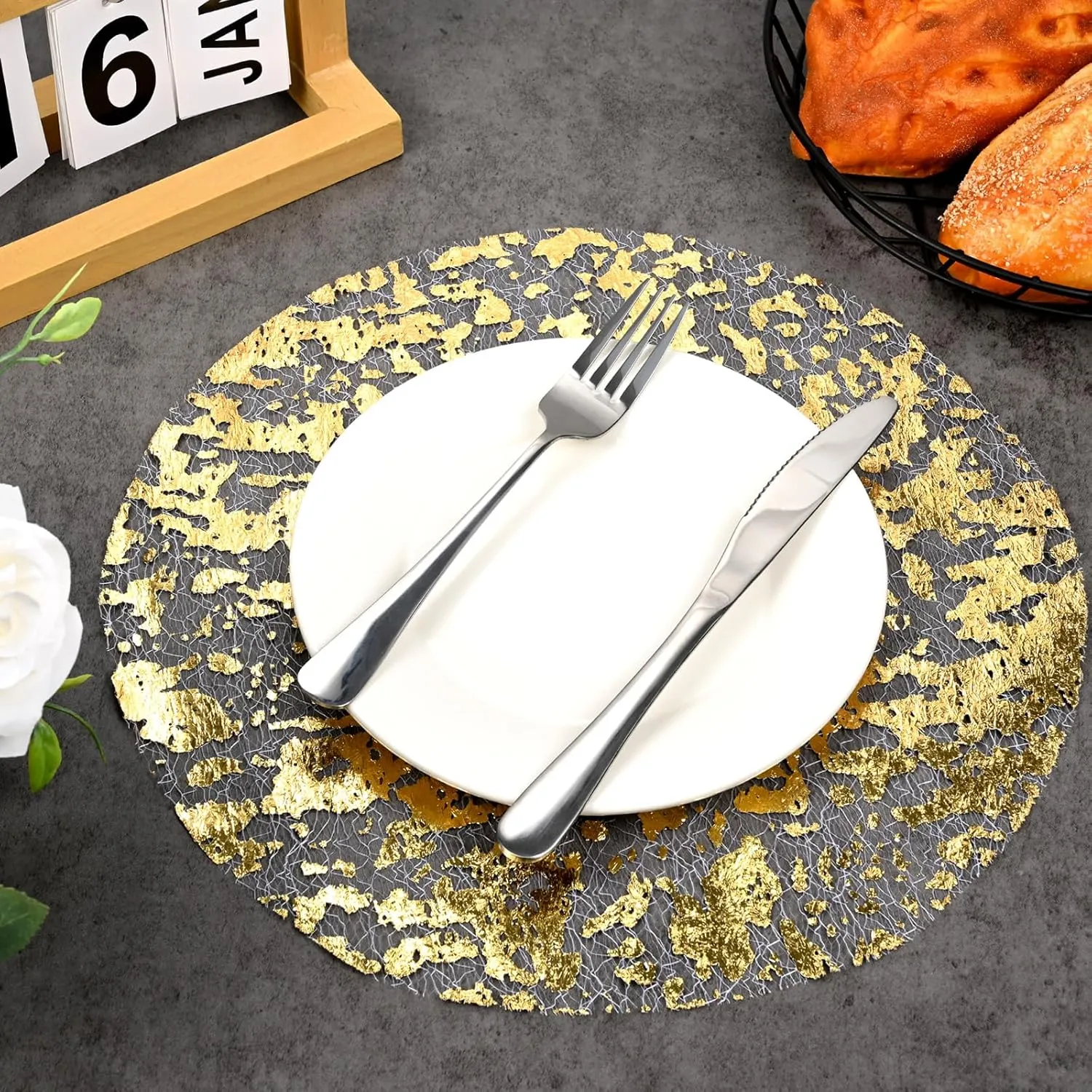 50 Pack Disposable Gold Placemats 13 inch Metallic Round Gold Foil Place Mat Mesh Pressed Table Mates Table Runner Decoration for Weddings Parties Home Dinners Table Tablecloths Decor