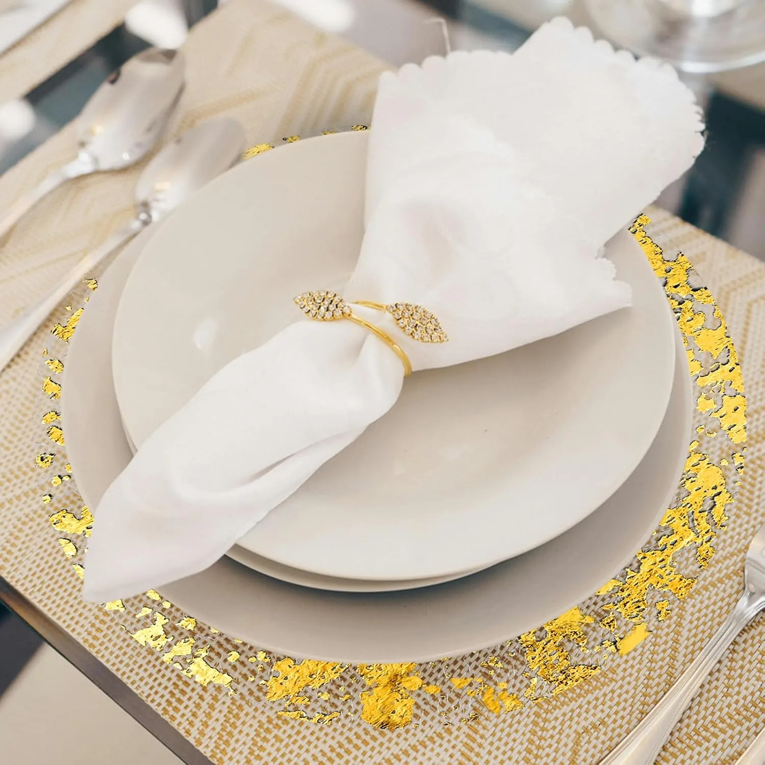 50 Pack Disposable Gold Placemats 13 inch Metallic Round Gold Foil Place Mat Mesh Pressed Table Mates Table Runner Decoration for Weddings Parties Home Dinners Table Tablecloths Decor