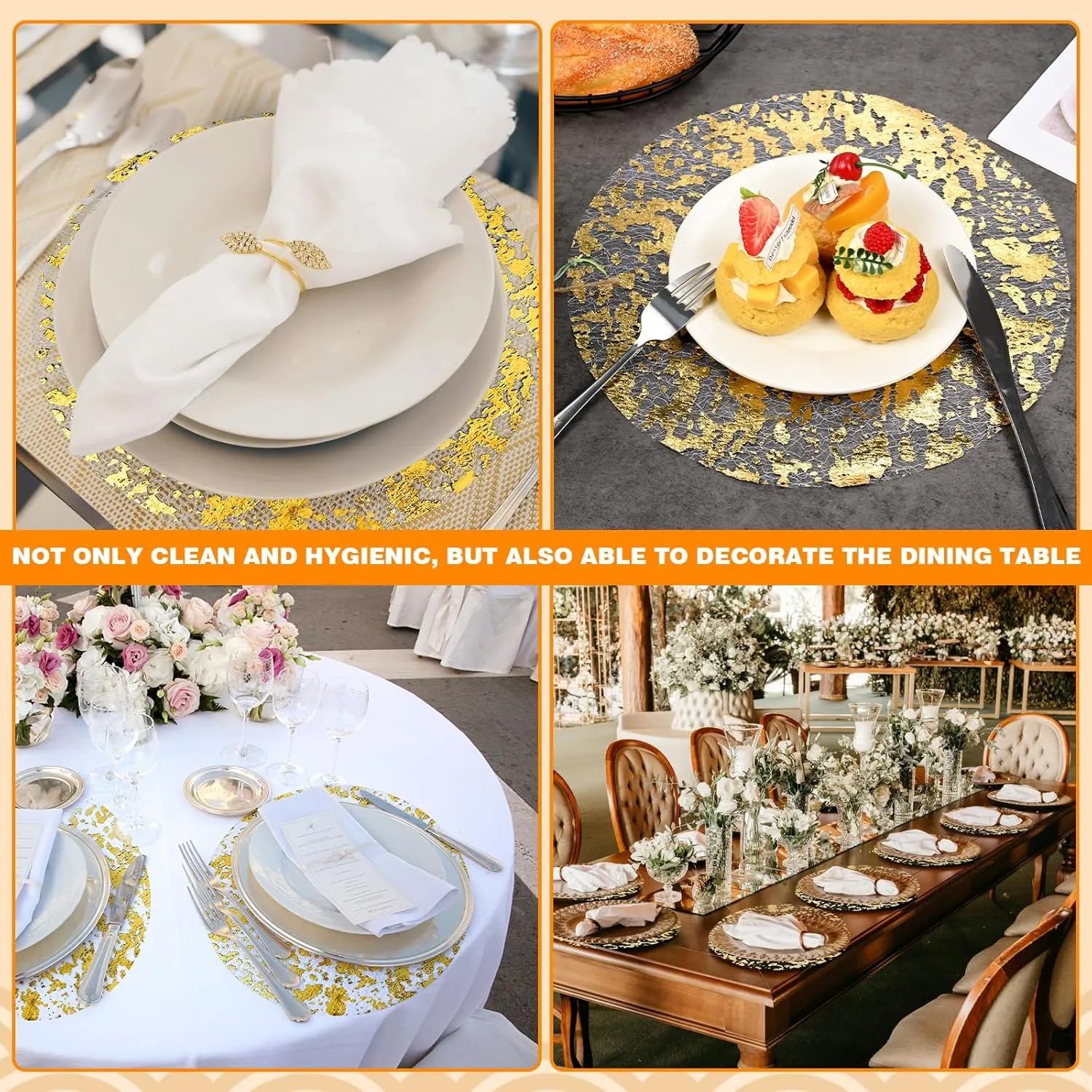 50 Pack Disposable Gold Placemats 13 inch Metallic Round Gold Foil Place Mat Mesh Pressed Table Mates Table Runner Decoration for Weddings Parties Home Dinners Table Tablecloths Decor