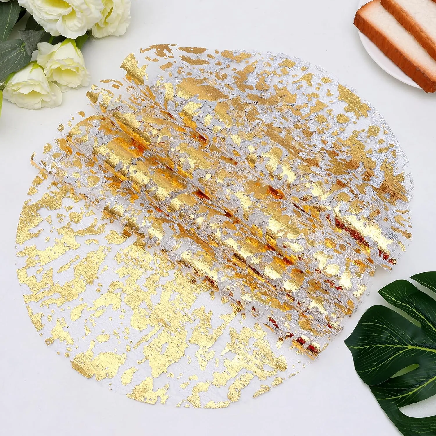 50 Pack Disposable Gold Placemats 13 inch Metallic Round Gold Foil Place Mat Mesh Pressed Table Mates Table Runner Decoration for Weddings Parties Home Dinners Table Tablecloths Decor