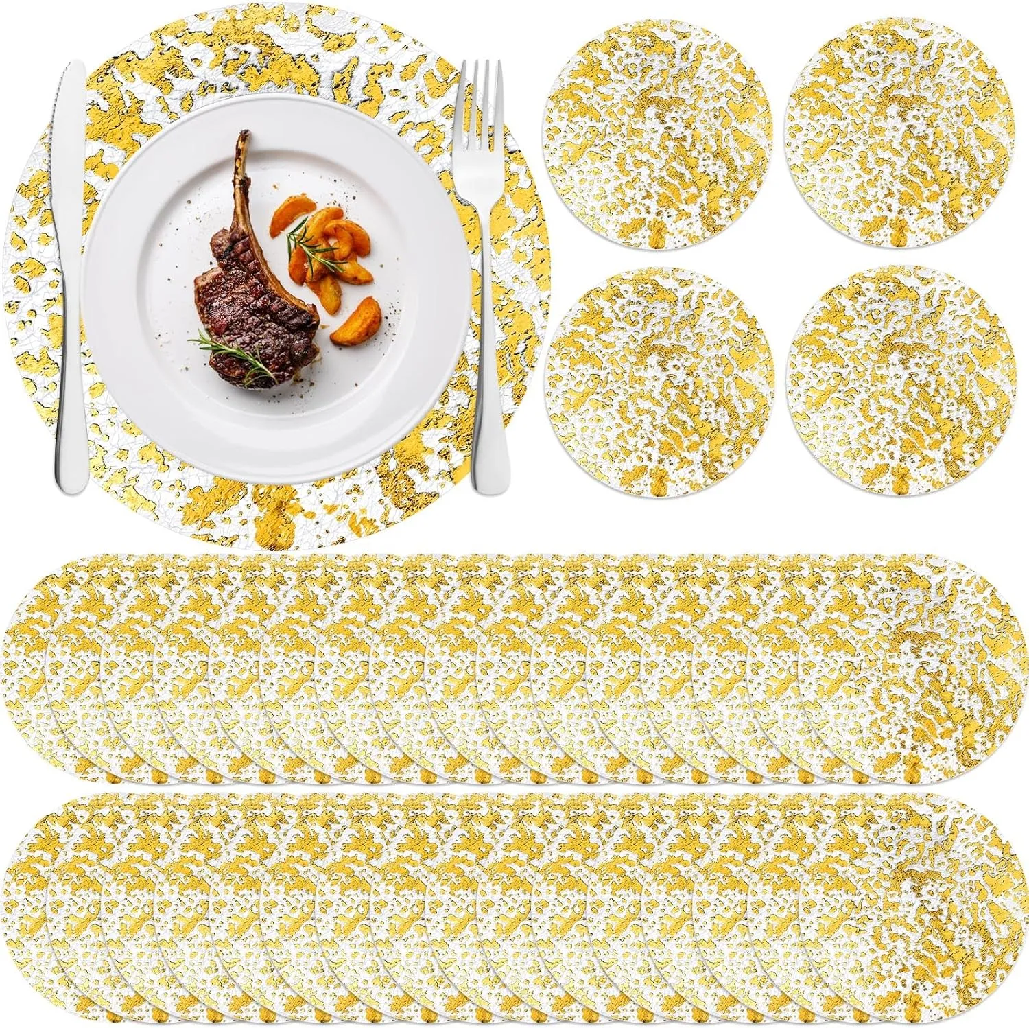 50 Pack Disposable Gold Placemats 13 inch Metallic Round Gold Foil Place Mat Mesh Pressed Table Mates Table Runner Decoration for Weddings Parties Home Dinners Table Tablecloths Decor