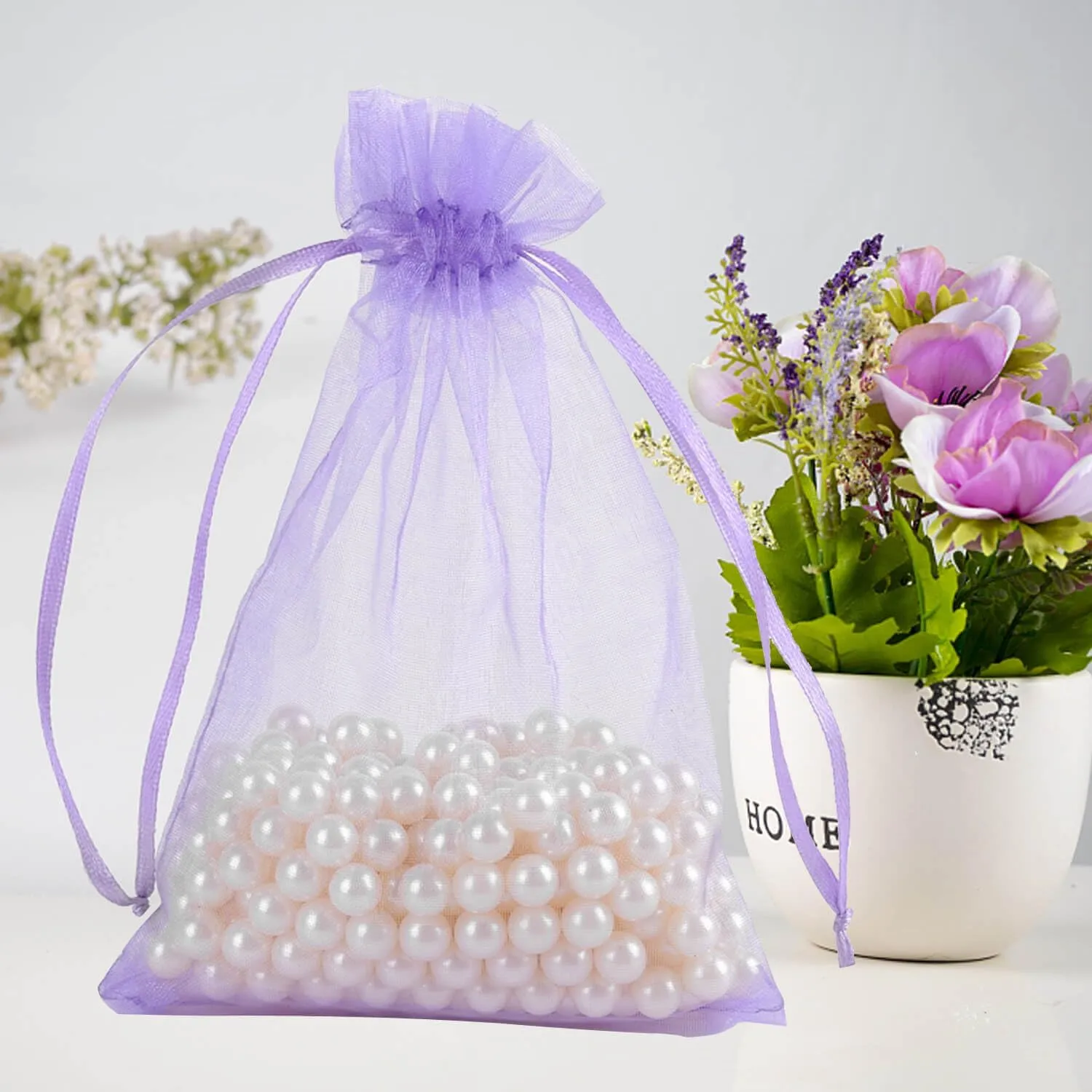 50pcs Drawstring Organza Jewelry Candy Pouch Christmas Wedding Party Favor Gift Bags (6x8, Light Purple)