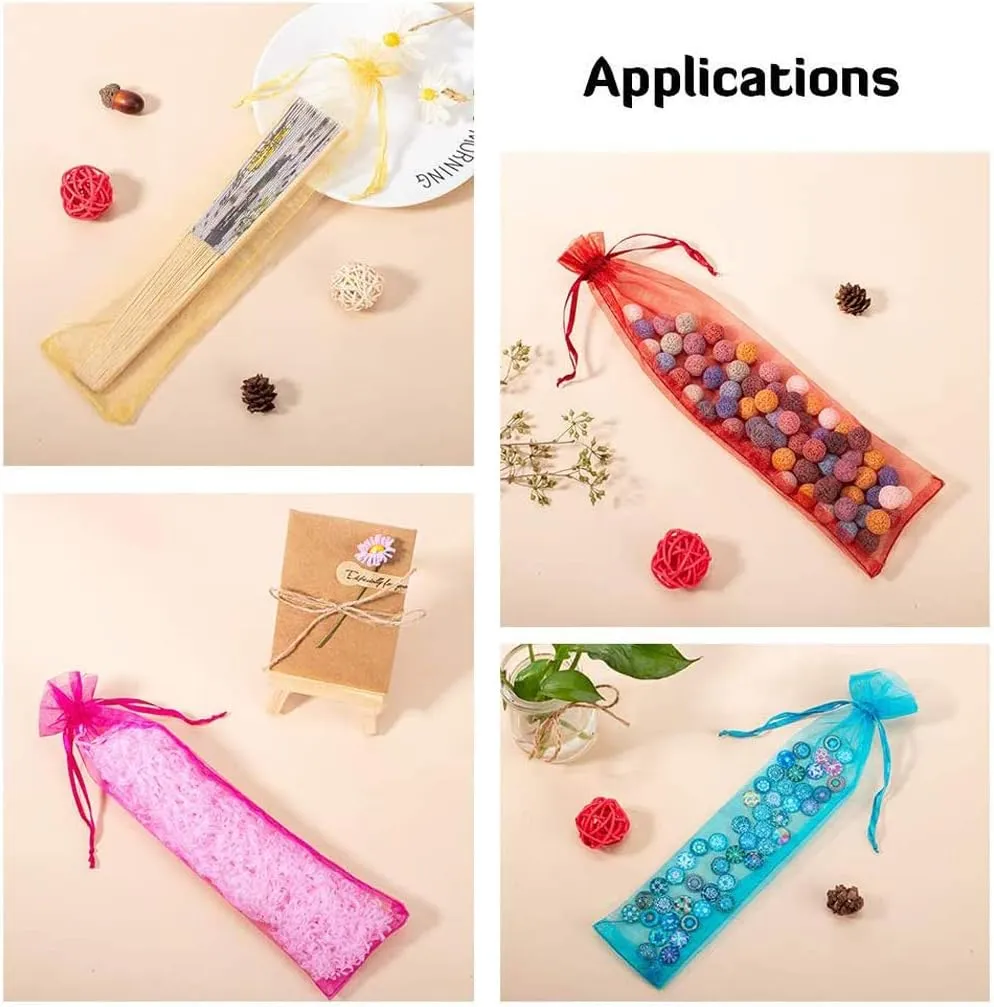 50Pcs Organza Hand Fan Bags, 2x10 Inches White Folding Fan Drawstring Bag Hand Fan Decorative Pouch Party Wedding Favor Gift Bags