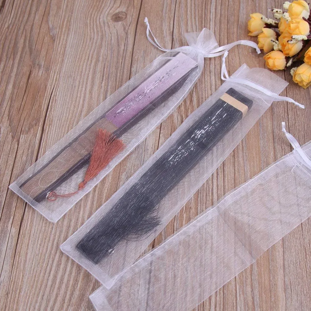 50Pcs Organza Hand Fan Bags, 2x10 Inches White Folding Fan Drawstring Bag Hand Fan Decorative Pouch Party Wedding Favor Gift Bags