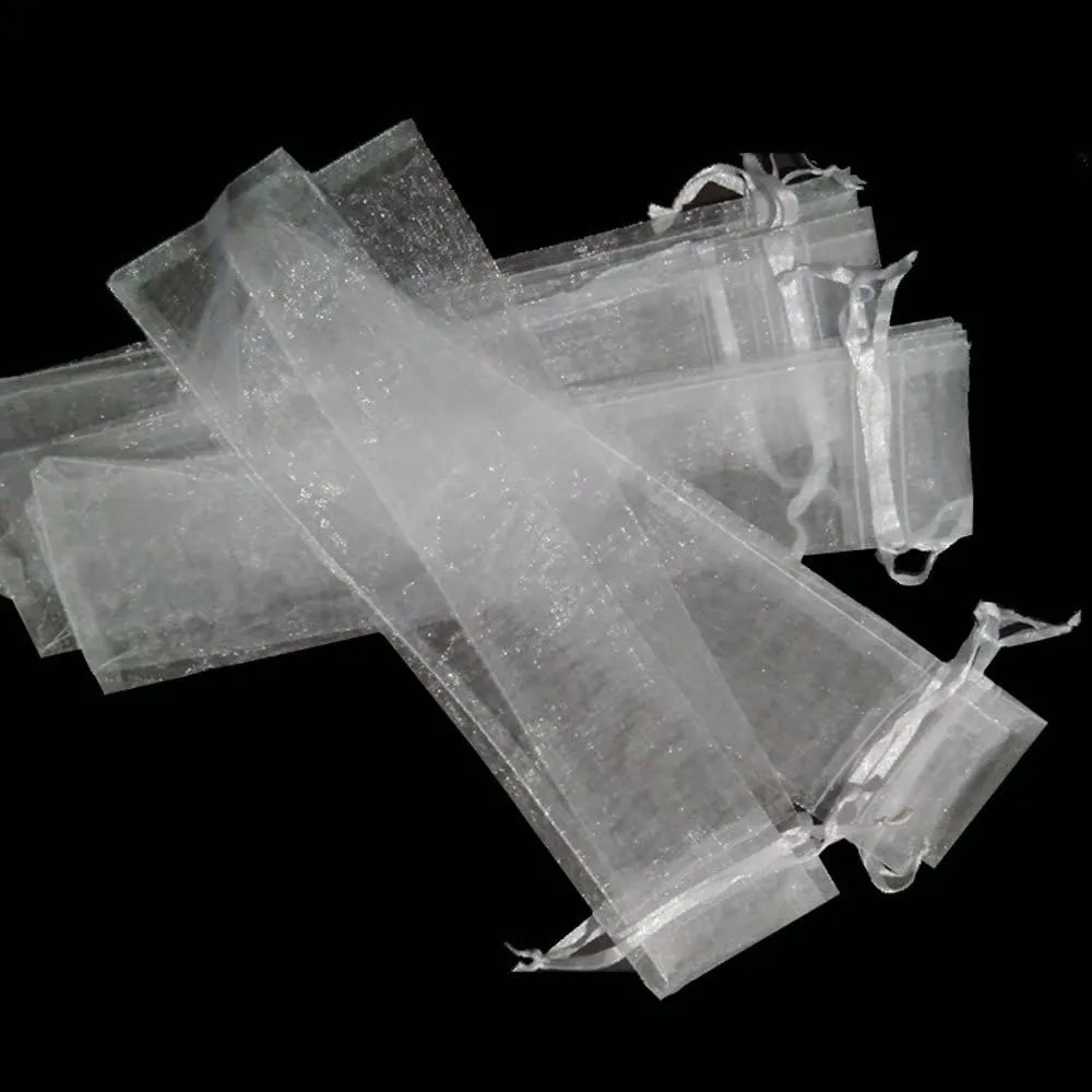 50Pcs Organza Hand Fan Bags, 2x10 Inches White Folding Fan Drawstring Bag Hand Fan Decorative Pouch Party Wedding Favor Gift Bags