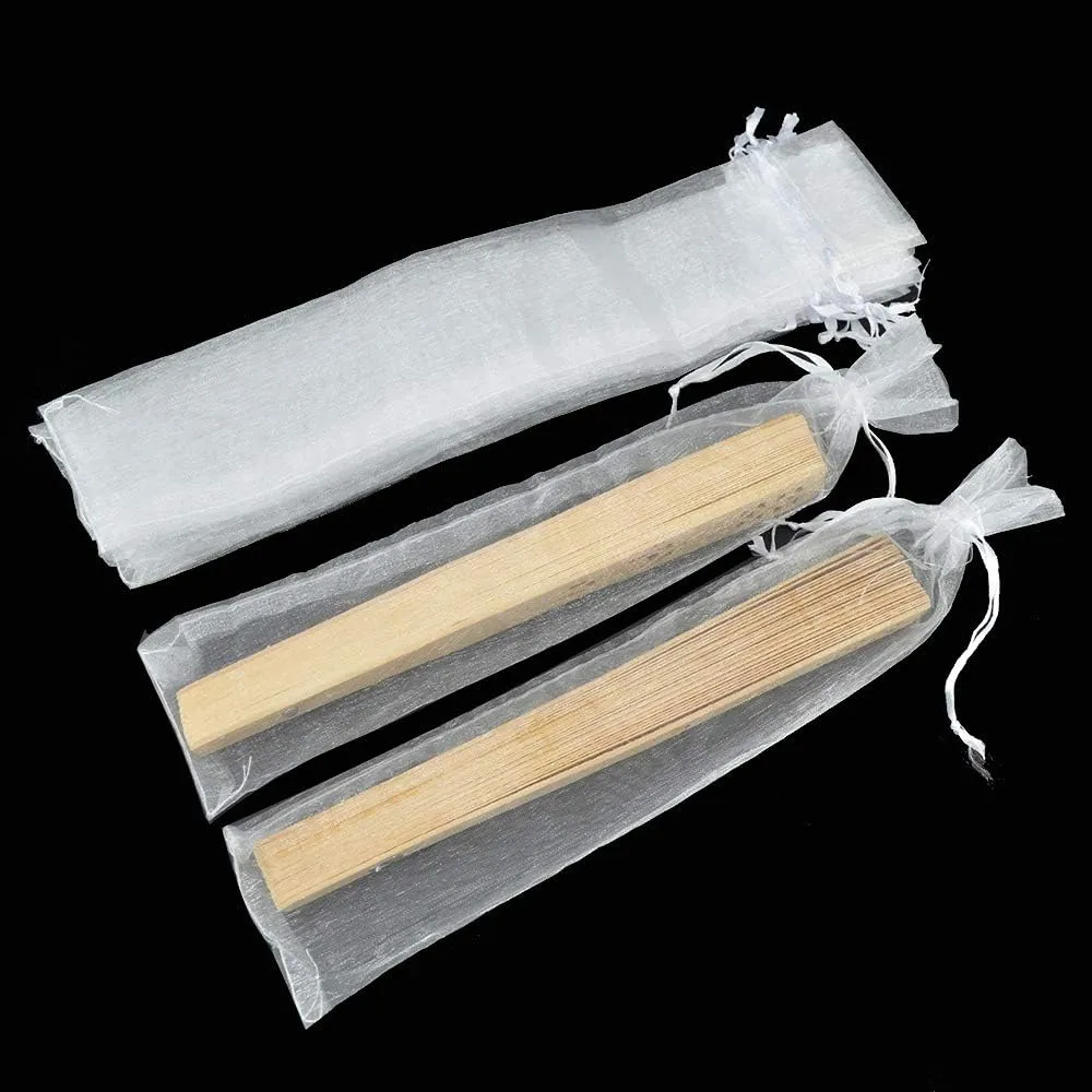 50Pcs Organza Hand Fan Bags, 2x10 Inches White Folding Fan Drawstring Bag Hand Fan Decorative Pouch Party Wedding Favor Gift Bags