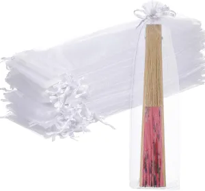 50pcs Sheer Organza Fan Bags Drawstring Organza Folding Hand Fan Pouch Folding Fan Organza Pouch for Hand Fans (White)