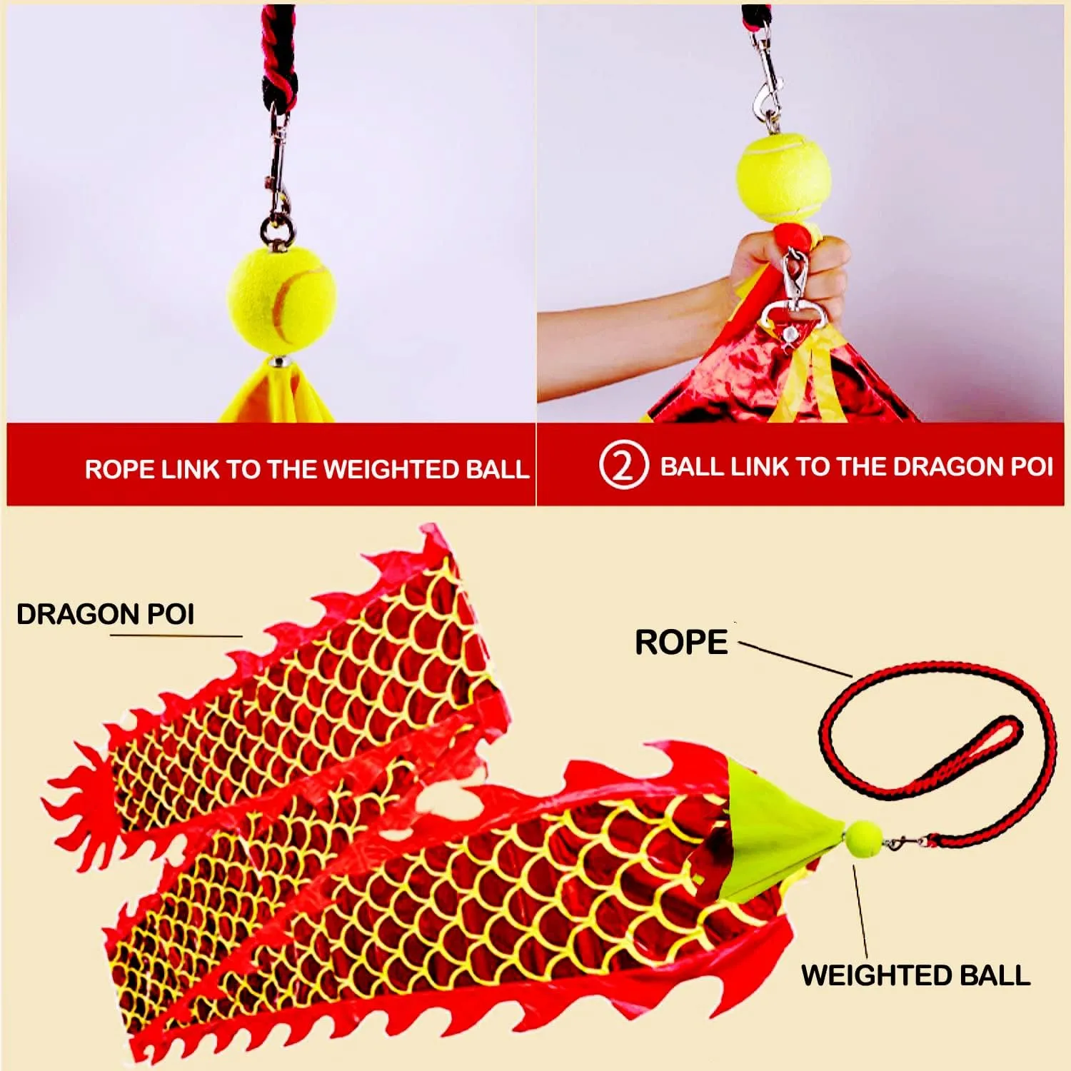 6 Meters (19.6 FT) Square Exercise Dragon Poi with 340g Weighted Ball and 1.2 Meters Swing Rope, Outdoor Flinging Fitness Dragon Dance Wu Long 3D Dragon Ribbon Streamer