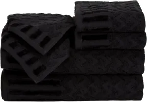 6-Piece Cotton Deluxe Plush Bath Towel Set – Chevron Patterned Plush Sculpted Spa Luxury Decorative Body, Hand and Face Towels by Lavish Home (Black)
