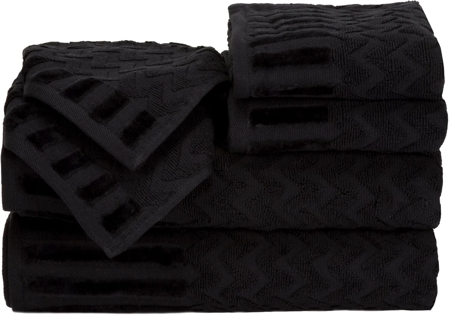 6-Piece Cotton Deluxe Plush Bath Towel Set – Chevron Patterned Plush Sculpted Spa Luxury Decorative Body, Hand and Face Towels by Lavish Home (Black)