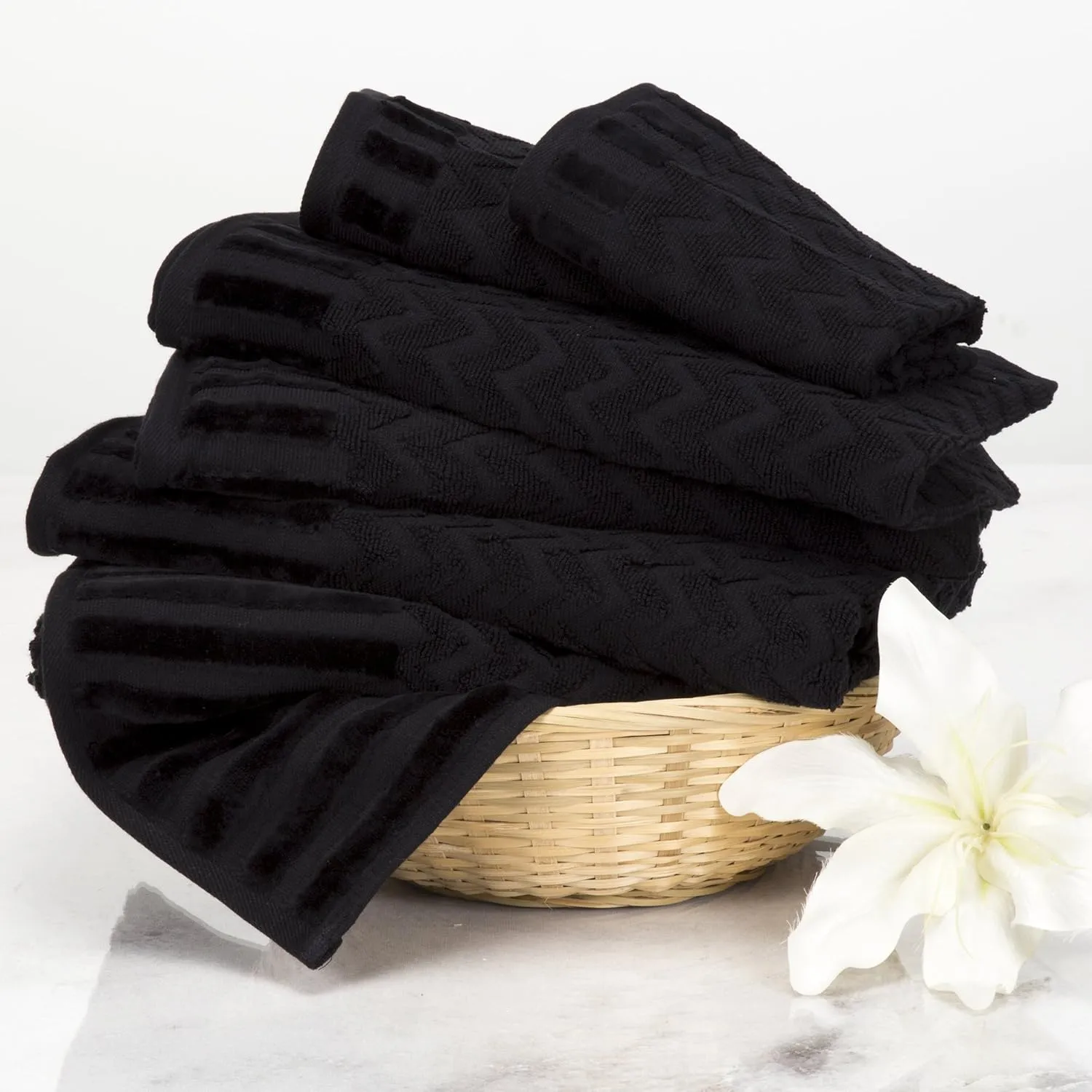 6-Piece Cotton Deluxe Plush Bath Towel Set – Chevron Patterned Plush Sculpted Spa Luxury Decorative Body, Hand and Face Towels by Lavish Home (Black)