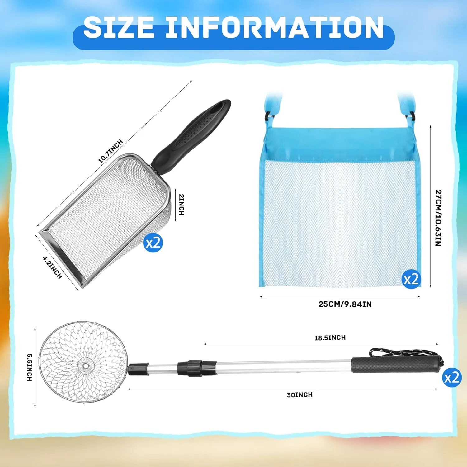 6pcs Shelling Tools for Beach Include Sand Sifter with Extra Long Adjustable Handle, Mesh Beach Bag Beach Mesh Shovel, Sand Scoop for Kids Girls Boys, Black