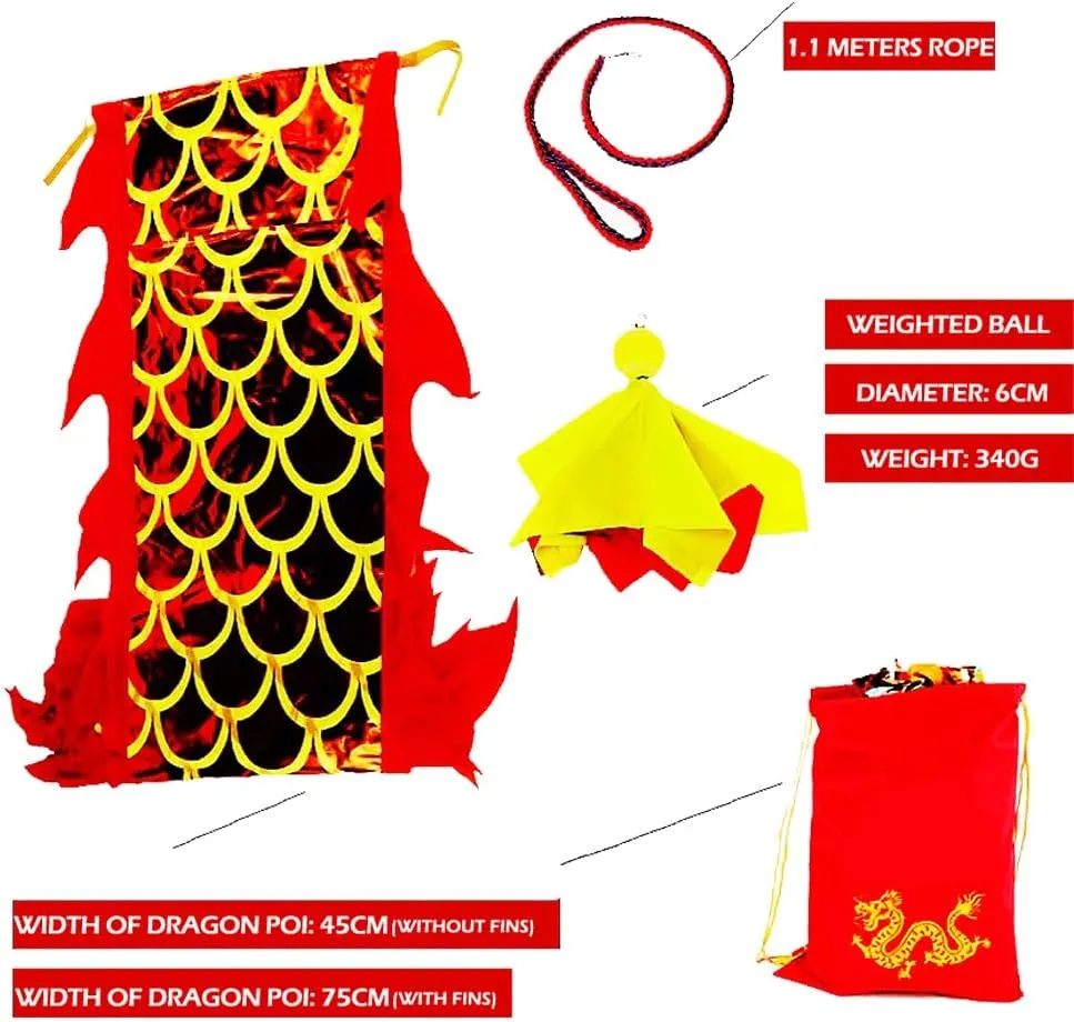 8 Meters (26.2 FT) Square Exercise Dragon Poi with 340g Weighted Ball and 1.2 Meters Swing Rope, Outdoor Flinging Fitness Dragon Dance Wu Long 3D Dragon Ribbon Streamer