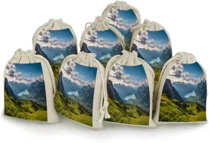 8 Pcs Cotton And Linen Drawstring Bags,Switzerland Alps Print Drawstring Pouch,Jewelry Pouches,Gift Bags for Party Home Supplies