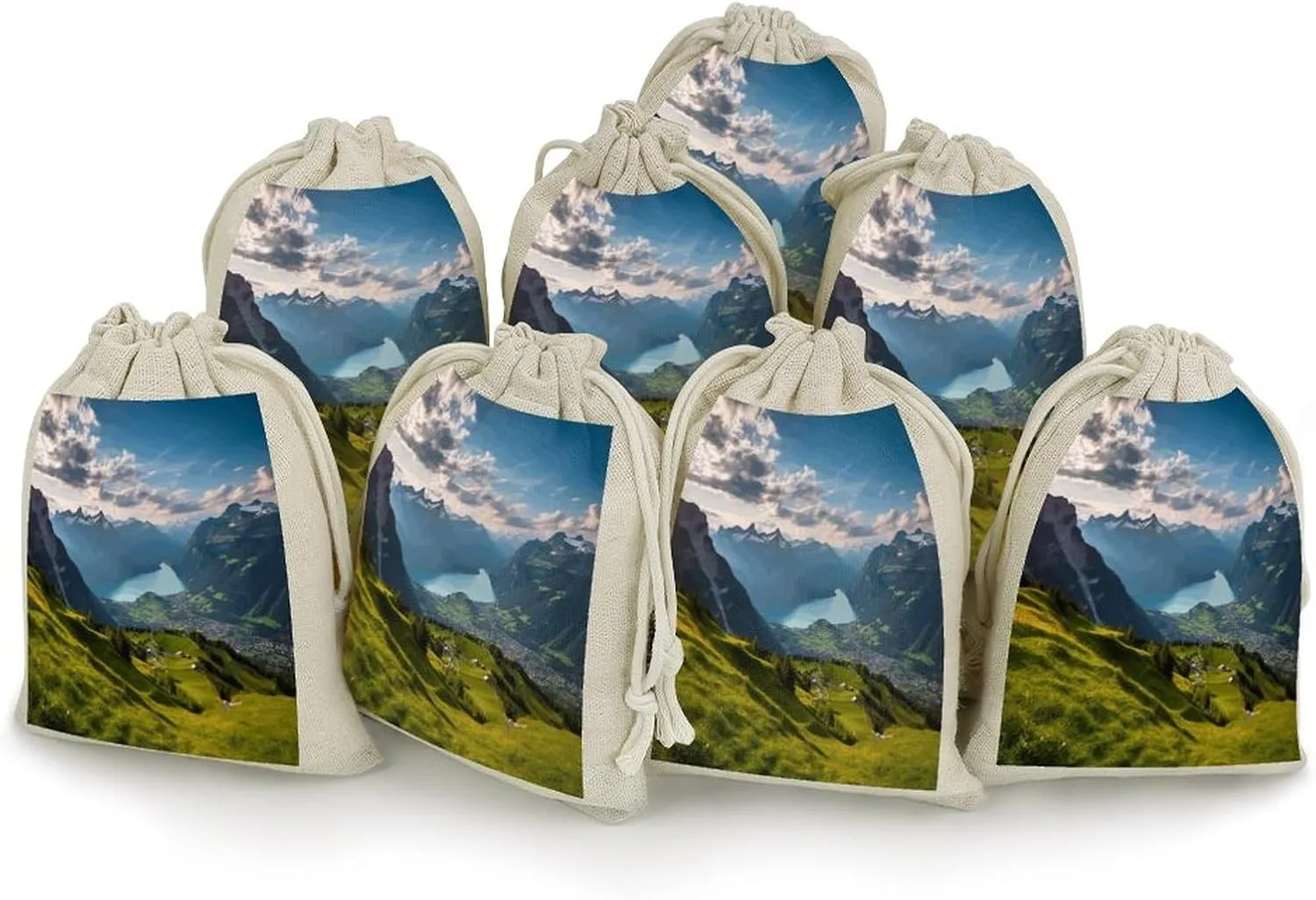 8 Pcs Cotton And Linen Drawstring Bags,Switzerland Alps Print Drawstring Pouch,Jewelry Pouches,Gift Bags for Party Home Supplies