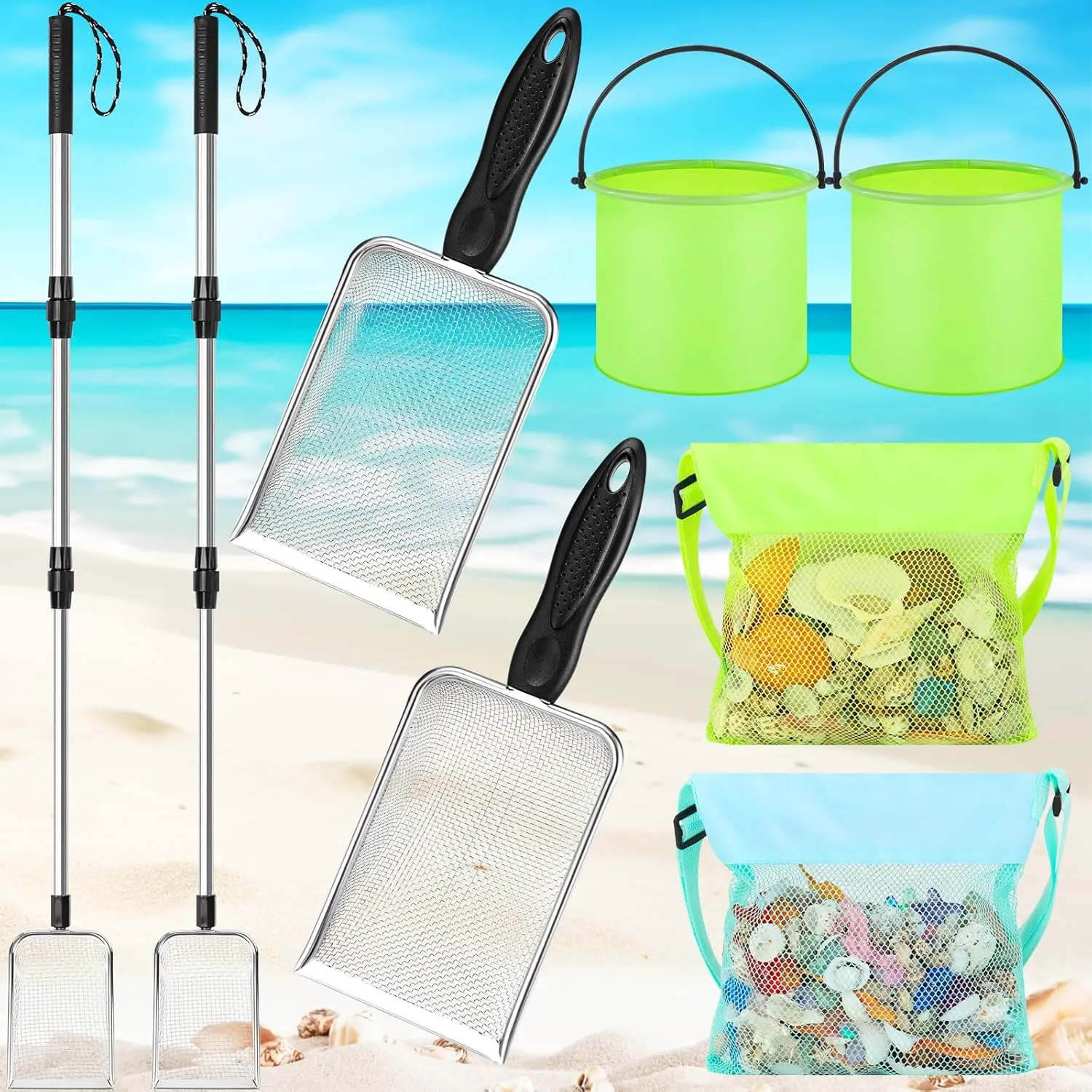 8 Pcs Shelling Scooper Tools for Beach Adjustable Shark Tooth Sifter with Long Beach Mesh Sand Sifter Shovel Foldable Bucket with Bags for Adults Boys Girls Vacation Essentials