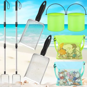 8 Pcs Shelling Scooper Tools for Beach Adjustable Shark Tooth Sifter with Long Beach Mesh Sand Sifter Shovel Foldable Bucket with Bags for Adults Boys Girls Vacation Essentials
