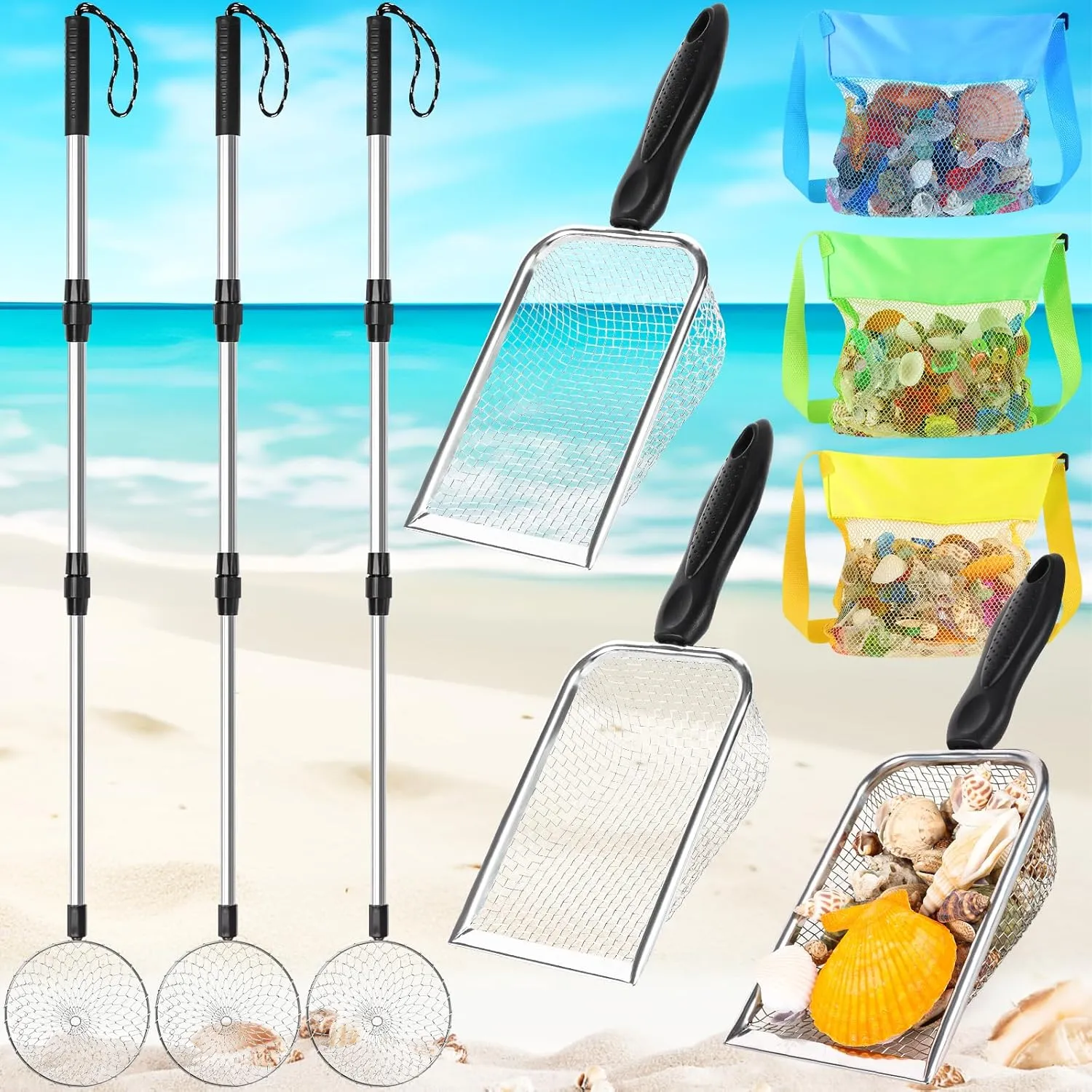 9 Pcs Shelling Tools for Beach Shark Tooth Sifter for Vacation Essentials Sand Sifter with Long Adjustable Handle Sand Scoop Beach Mesh Shovel with Bags for Adults Boys Girls