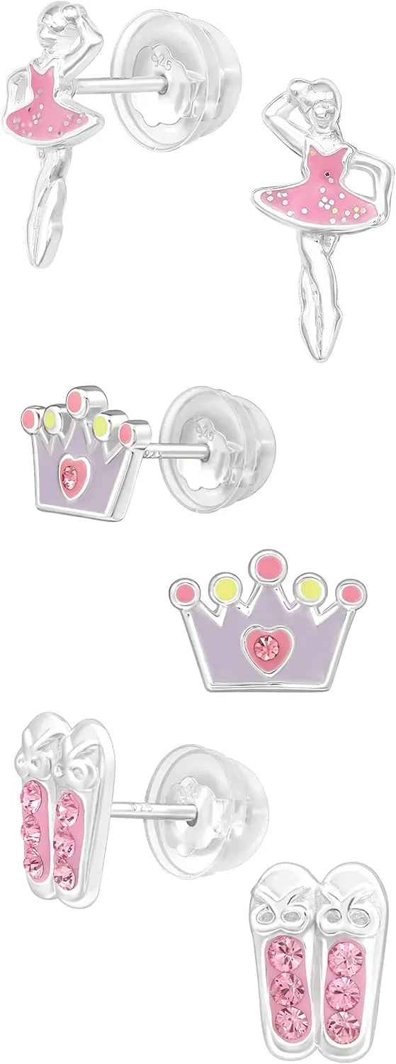 925 Sterling Silver Set of 3 Pairs Ballerina, Pink Crystal Ballet Slippers, Princess tiara Stud Earrings (Nickel Free)