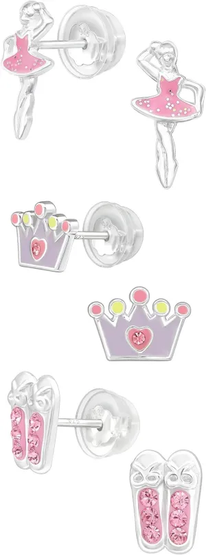 925 Sterling Silver Set of 3 Pairs Ballerina, Pink Crystal Ballet Slippers, Princess tiara Stud Earrings (Nickel Free)