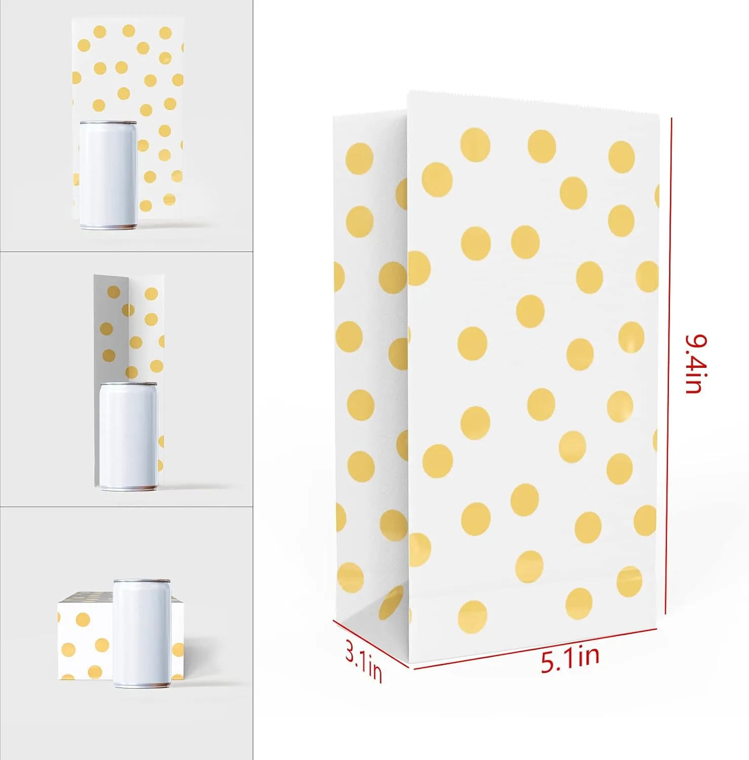 ADIDO EVA 100 PCS Gold Polka Dot Paper Bags Small Paper Party Treat Bags (5.1 x 3.1 x 9.4 Inch)