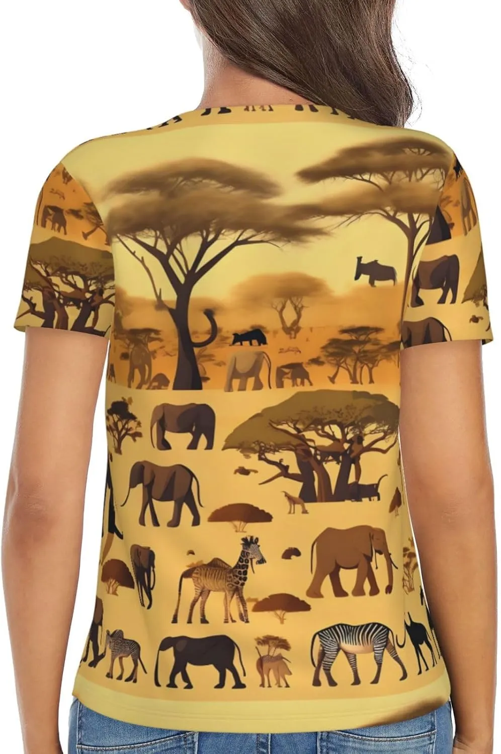 African Grassland Animals Printed Women's Slim deep V-Neck Short-Sleeved, Yoga Running Training Clothes