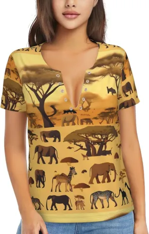 African Grassland Animals Printed Women's Slim deep V-Neck Short-Sleeved, Yoga Running Training Clothes