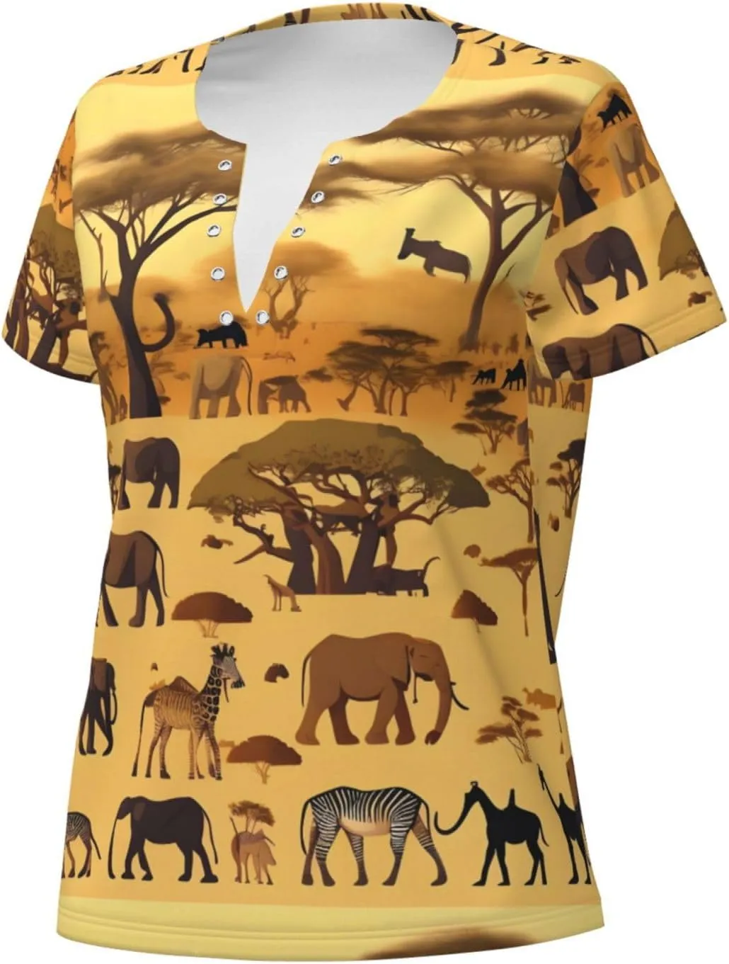 African Grassland Animals Printed Women's Slim deep V-Neck Short-Sleeved, Yoga Running Training Clothes