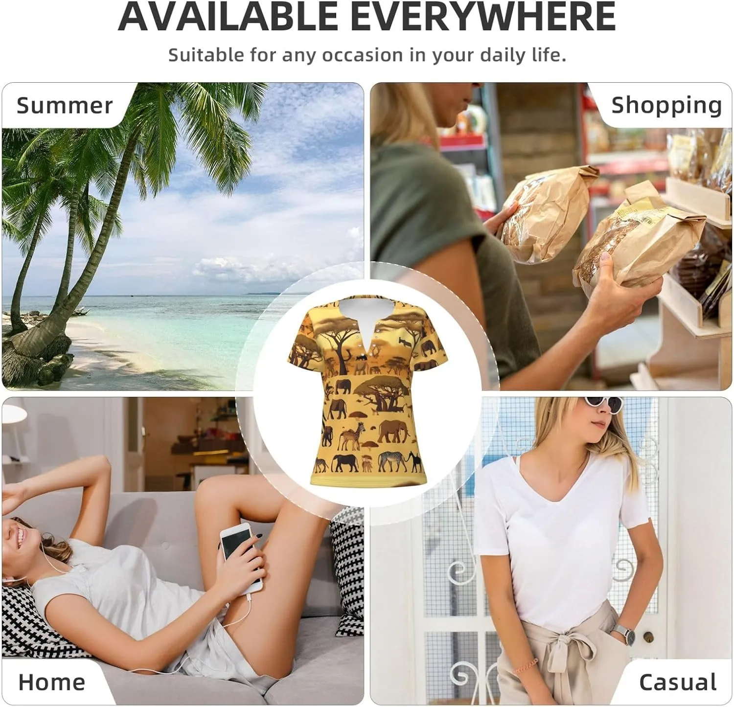 African Grassland Animals Printed Women's Slim deep V-Neck Short-Sleeved, Yoga Running Training Clothes