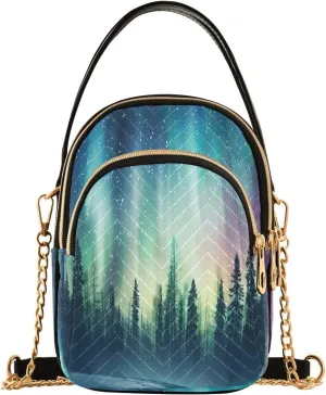 ALAZA Chain Crossbody Bags for Women Aurora Borealis Forest Landscape Quilted Shoulder Crossbody Handbags Travel Cross Body Cell Phone Purses Bags