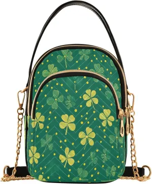 ALAZA Chain Crossbody Bags for Women Green Clover Leaf Yellow Shamrock Leaves Quilted Shoulder Crossbody Handbags Travel Cross Body Cell Phone Purses Bags
