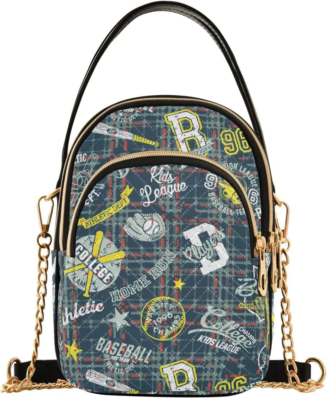 ALAZA Chain Crossbody Bags for Women Grunge Sport Collage with Grunge Plaid Quilted Shoulder Crossbody Handbags Travel Cross Body Cell Phone Purses Bags