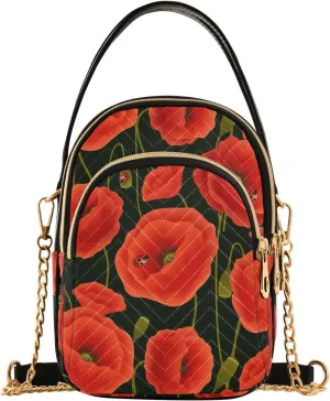 ALAZA Chain Crossbody Bags for Women Romantic Poppy Flowers Quilted Shoulder Crossbody Handbags Travel Cross Body Cell Phone Purses Bags