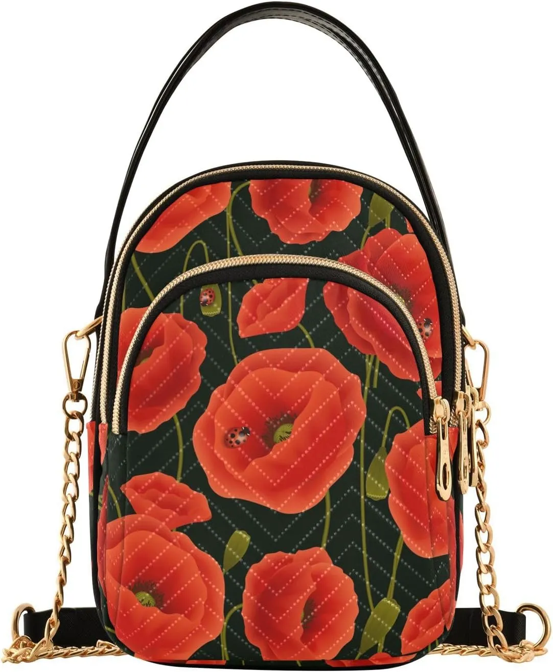 ALAZA Chain Crossbody Bags for Women Romantic Poppy Flowers Quilted Shoulder Crossbody Handbags Travel Cross Body Cell Phone Purses Bags