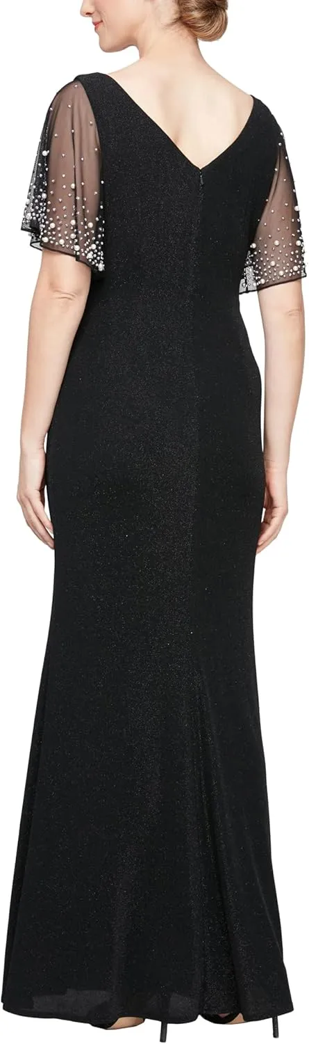 Alex Evenings Women's Long Metallic Ruched Flutter Sleeve Gown with Side Slit, Mother of The Bride, Formal Dress