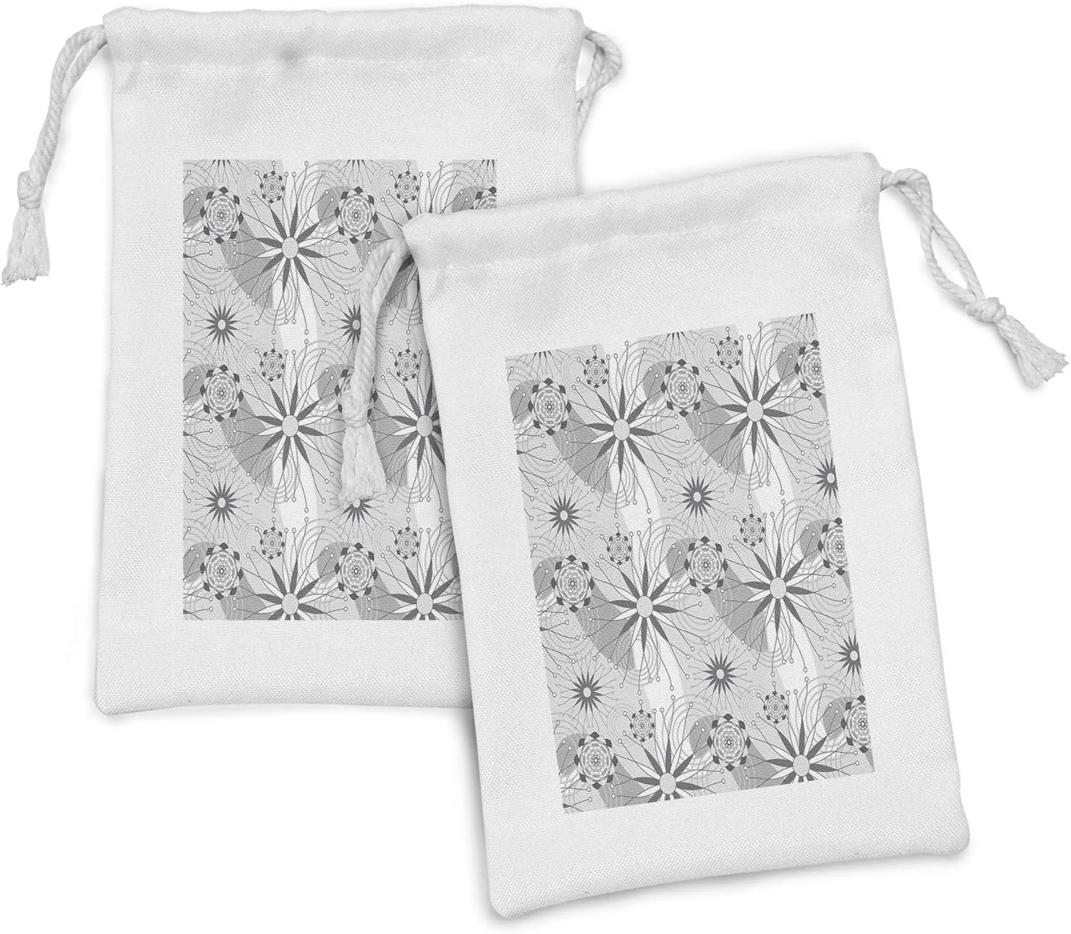 Ambesonne Abstract Fabric Pouch Set of 2, Modern Surreal Interpretation of Geometrical and Concentric Flower Designs, Small Drawstring Bag for Toiletries Masks and Favors, 9" x 6", Grey and White