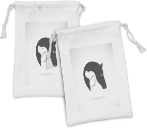 Ambesonne Animal Fabric Pouch Set of 2, Contemporary Image of a Dog and Horse Hugging Loyal Friend Heads Print, Small Drawstring Bag for Toiletries Masks and Favors, 9" x 6", Black White