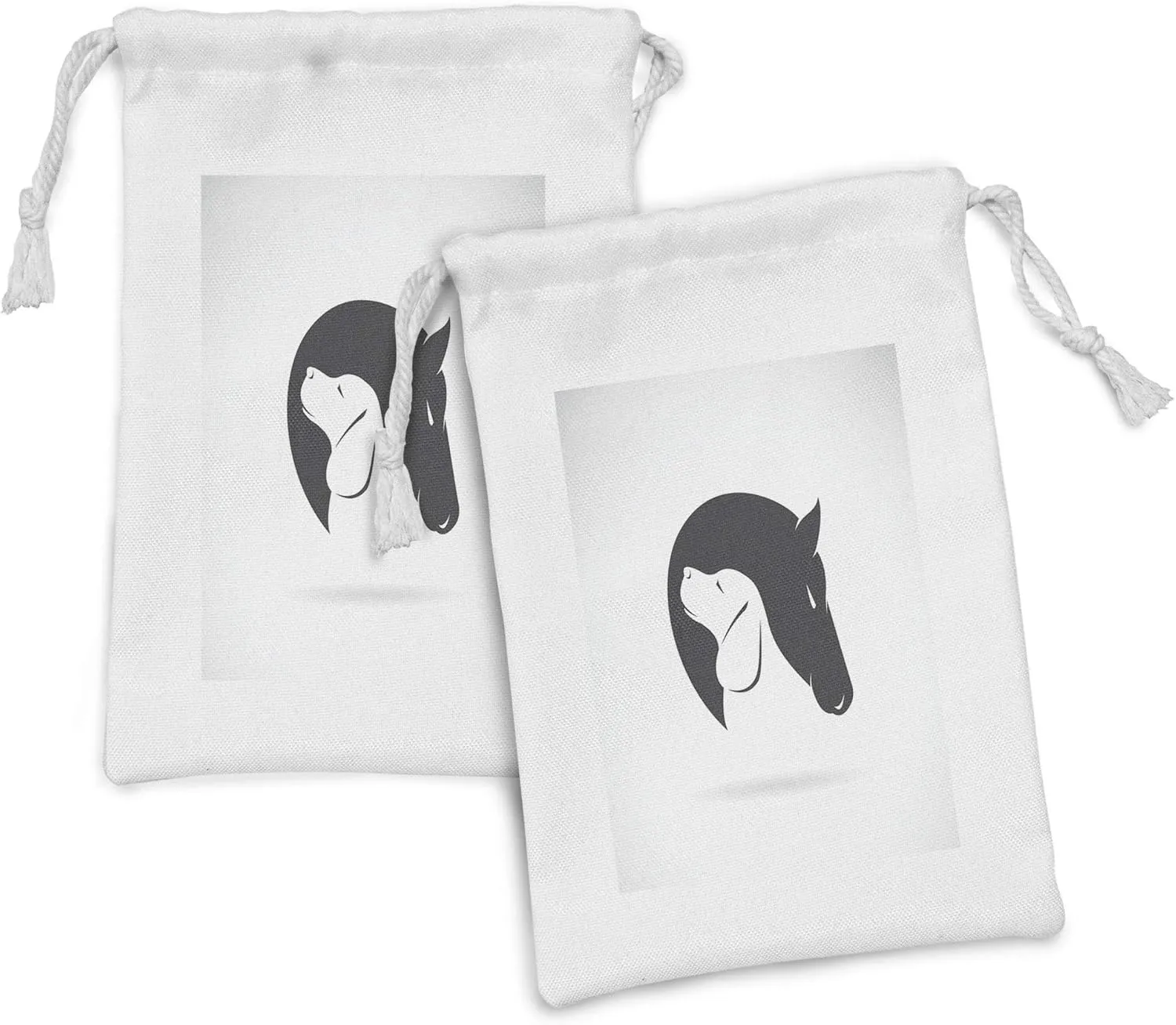 Ambesonne Animal Fabric Pouch Set of 2, Contemporary Image of a Dog and Horse Hugging Loyal Friend Heads Print, Small Drawstring Bag for Toiletries Masks and Favors, 9" x 6", Black White