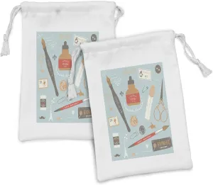Ambesonne Art Fabric Pouch Set of 2, Artistry Tools Ink Fountain Pen Tag Stamps Brushes Pin in Pastel Colors Vintage Theme, Small Drawstring Bag for Toiletries Masks and Favors, 9" x 6", Multicolor